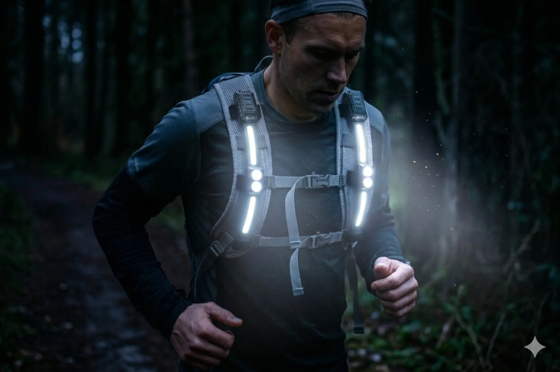 Night hiker wearing StrapLights® on a forest trail