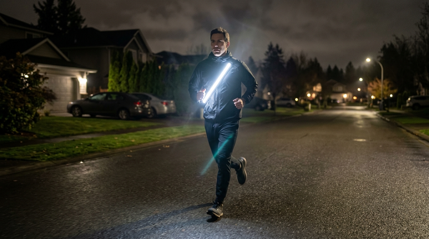 A runner wearing Body StrapLights® on a neighborhood street at night