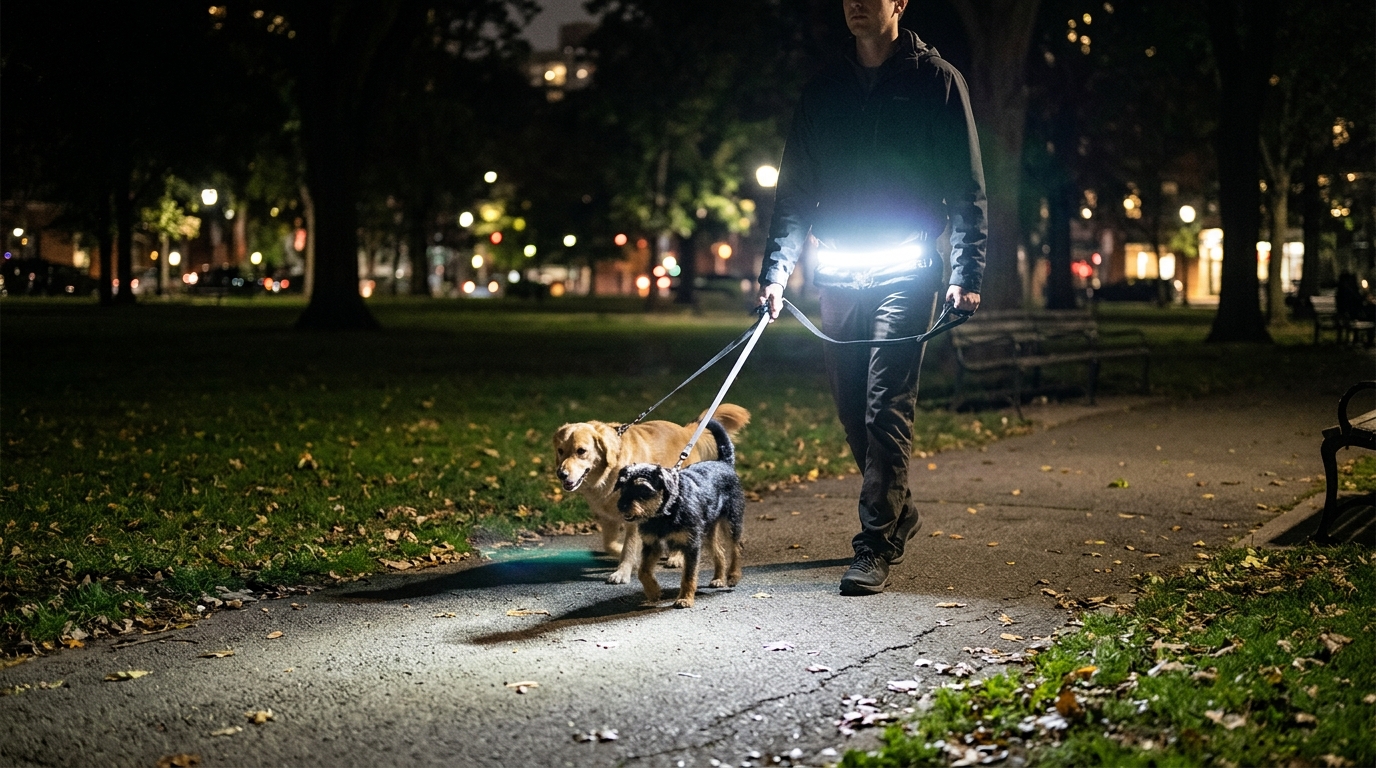 A person walking two dogs at night wearing Body StrapLights® around the waist