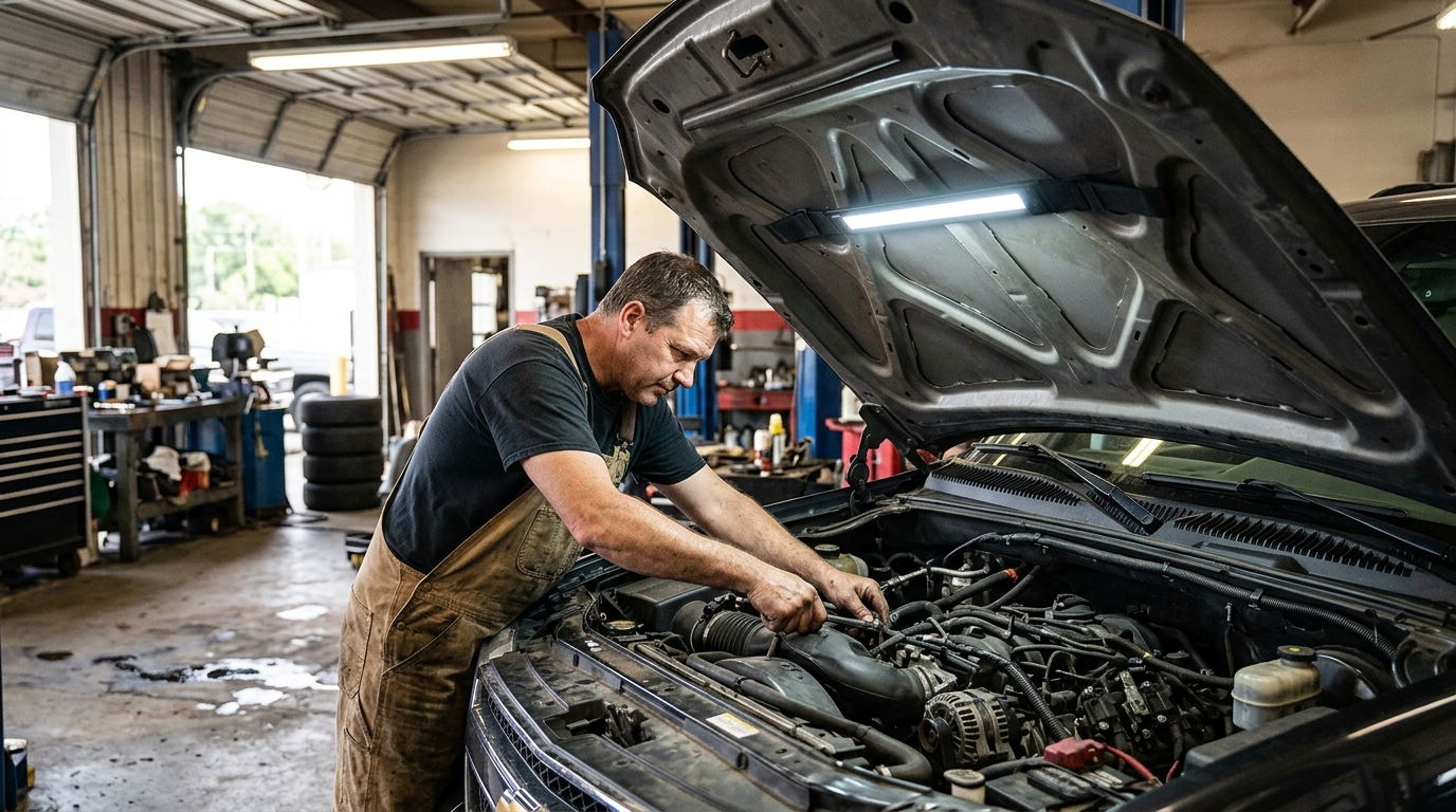 Body StrapLights® mounted beneath a car hood while a mechanic works on the engine