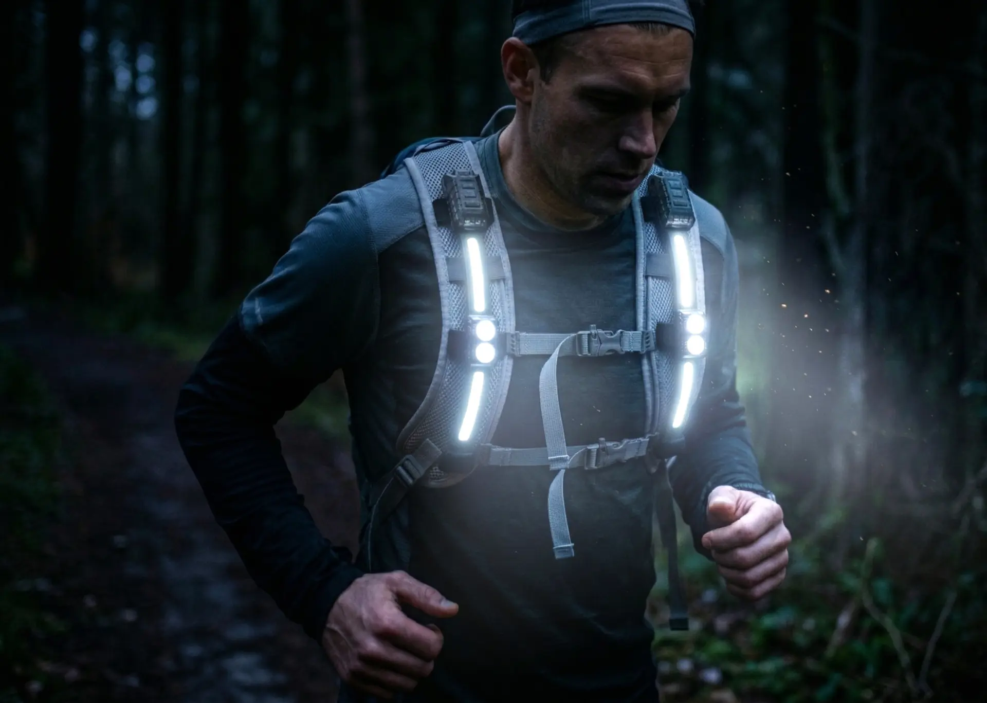Hiker at night with StrapLights® illuminating a forest trail