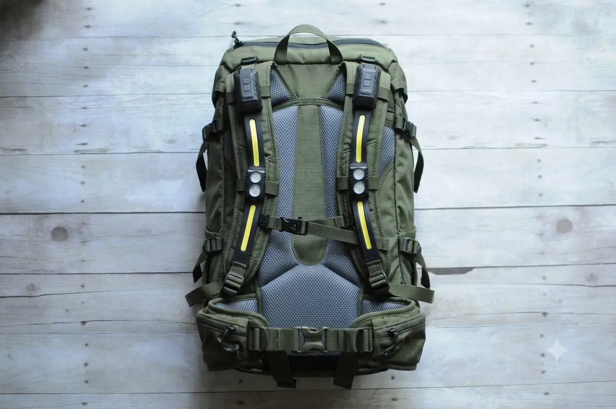 Backpack with StrapLights® mounted on the shoulder straps