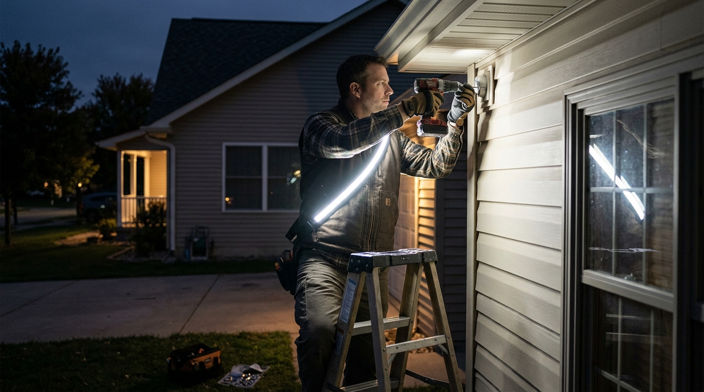 A tradesperson wearing Body StrapLights® while working outside at dusk