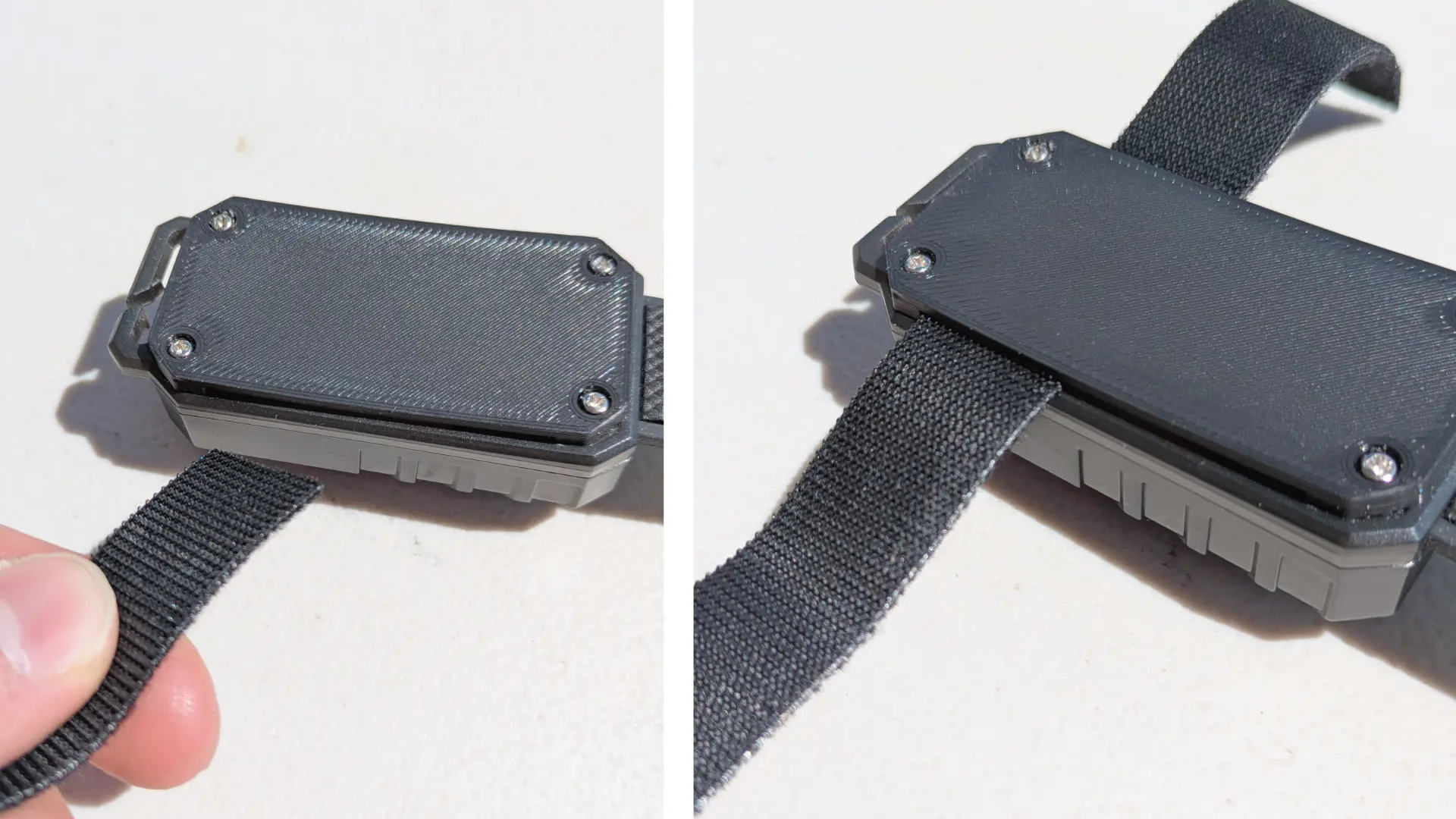Webbing strap threaded through the slots on the back plate of the StrapLight