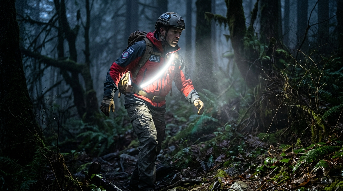 A person wearing Body StrapLights® on a forest trail